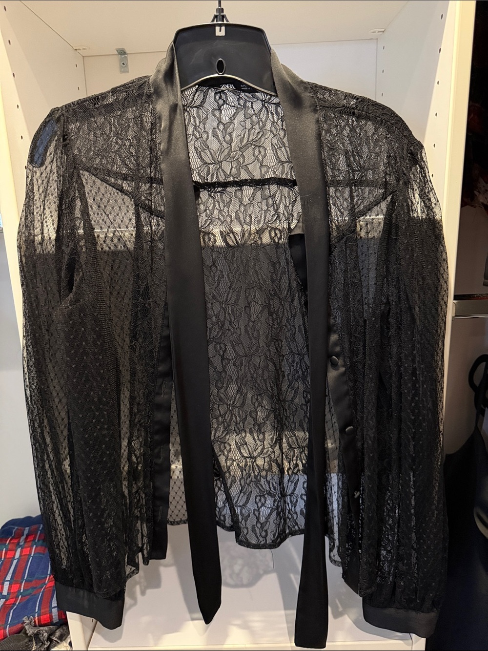 Zara Black Sheer Lace Robe with Satin Trim